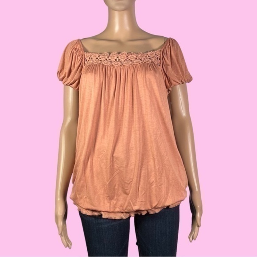 Arden B. Y2K Style Peach Puff Sleeve Lace Detail Fairy Top Sz Medium - "Chelsea"
